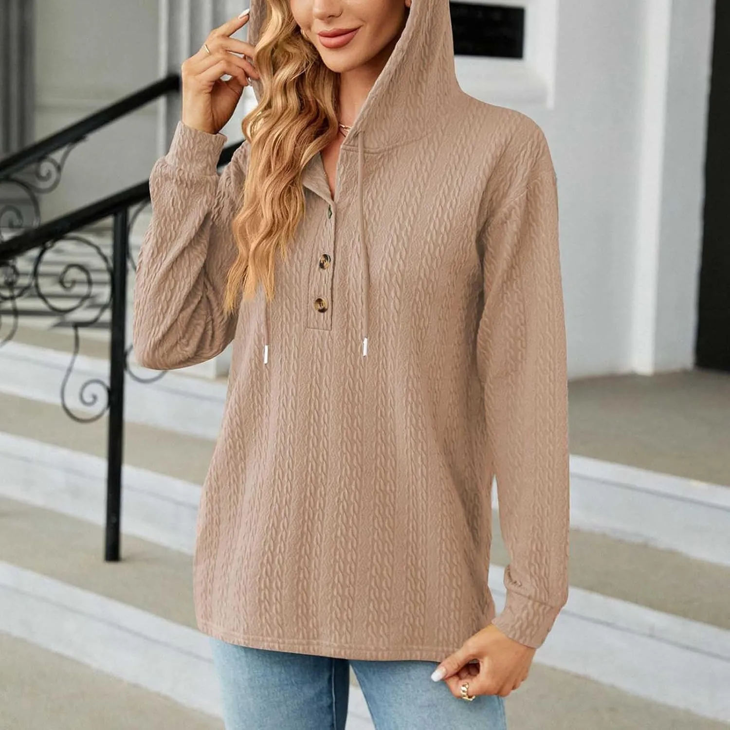 Sweater Hoodies for Women 2023 Long Sleeve Casual Button V Neck Hooded Tops Oversized Pullover Sweatshirt