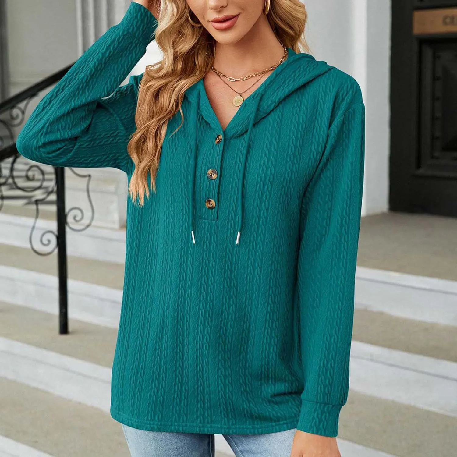 Sweater Hoodies for Women 2023 Long Sleeve Casual Button V Neck Hooded Tops Oversized Pullover Sweatshirt