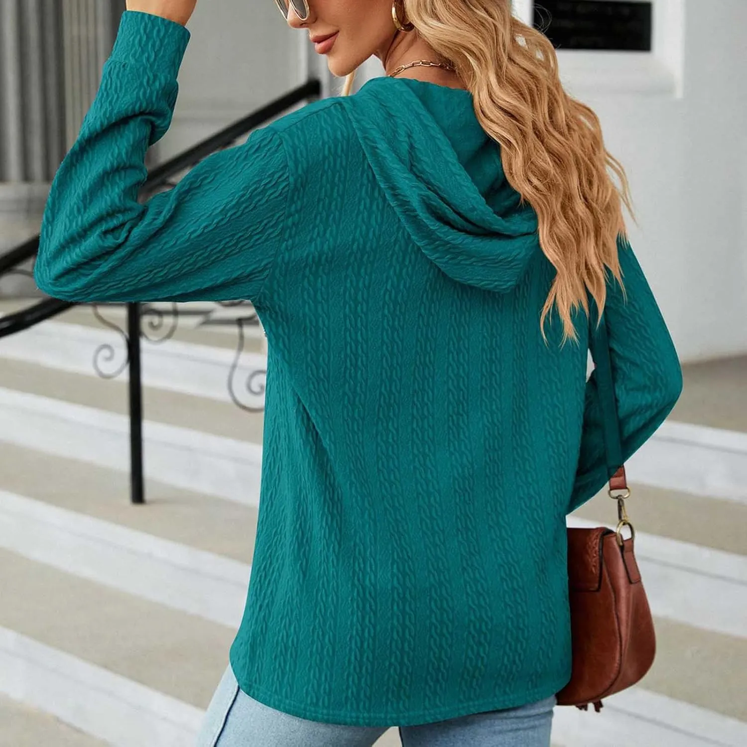 Sweater Hoodies for Women 2023 Long Sleeve Casual Button V Neck Hooded Tops Oversized Pullover Sweatshirt
