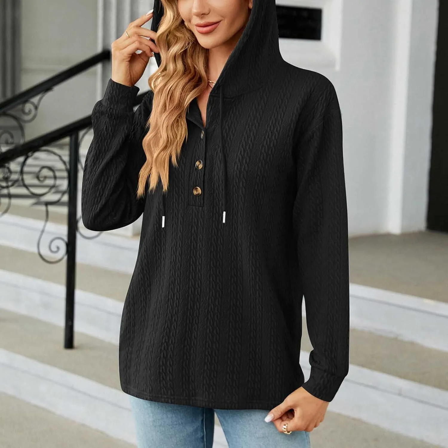 Sweater Hoodies for Women 2023 Long Sleeve Casual Button V Neck Hooded Tops Oversized Pullover Sweatshirt