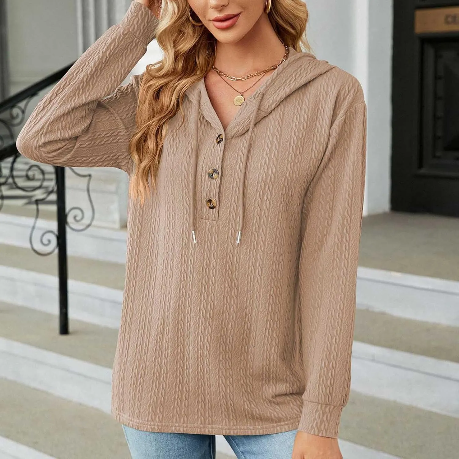 Sweater Hoodies for Women 2023 Long Sleeve Casual Button V Neck Hooded Tops Oversized Pullover Sweatshirt
