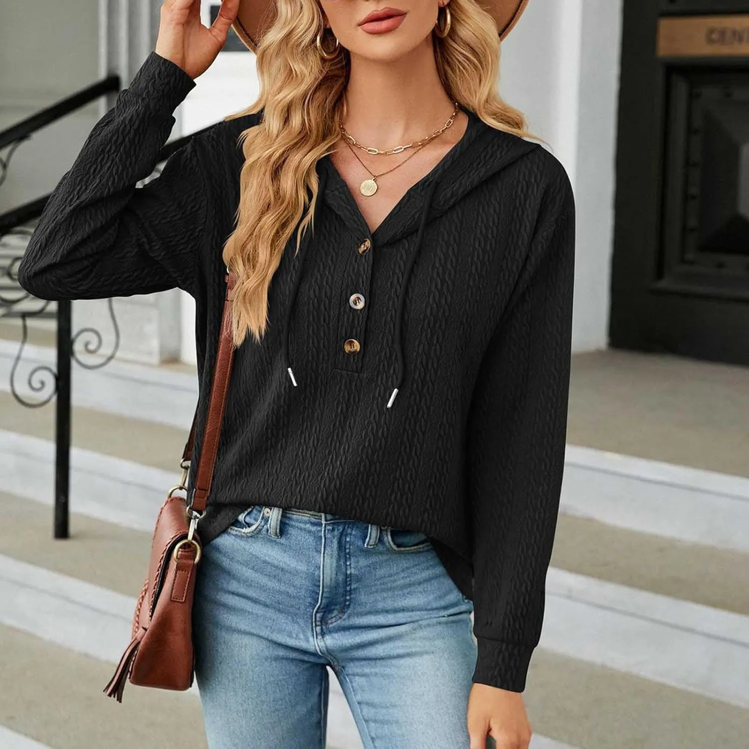 Sweater Hoodies for Women 2023 Long Sleeve Casual Button V Neck Hooded Tops Oversized Pullover Sweatshirt
