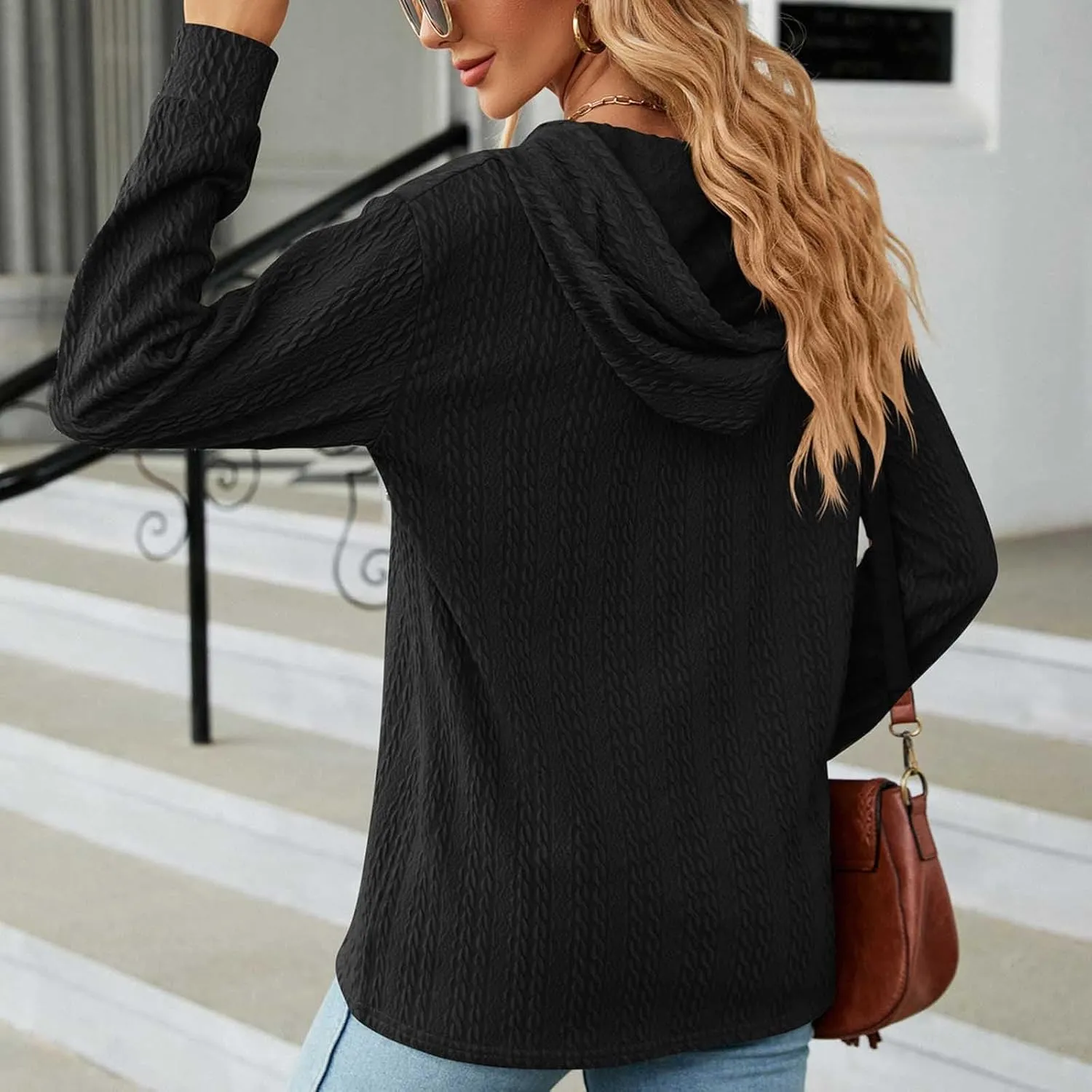 Sweater Hoodies for Women 2023 Long Sleeve Casual Button V Neck Hooded Tops Oversized Pullover Sweatshirt