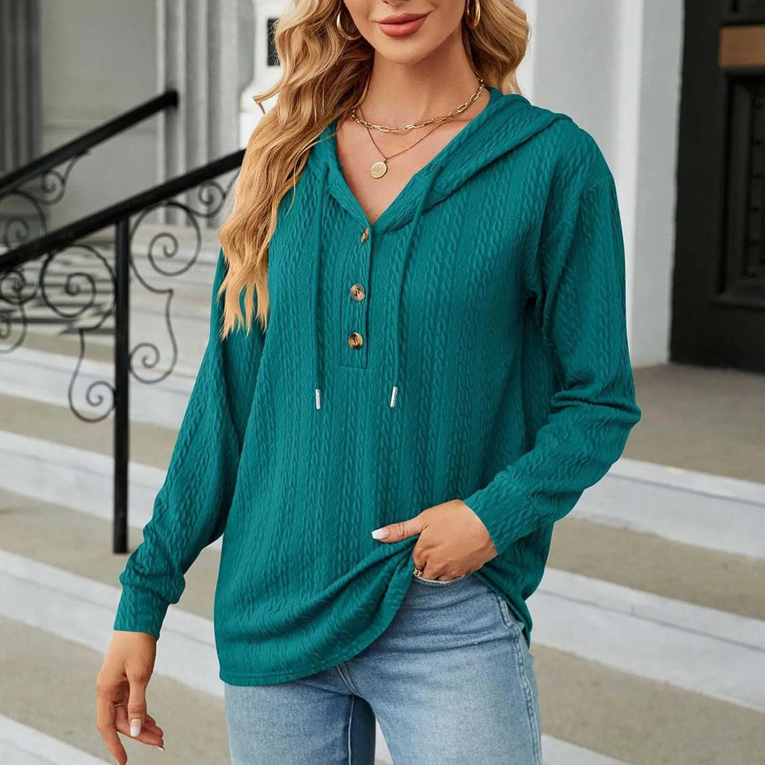Sweater Hoodies for Women 2023 Long Sleeve Casual Button V Neck Hooded Tops Oversized Pullover Sweatshirt