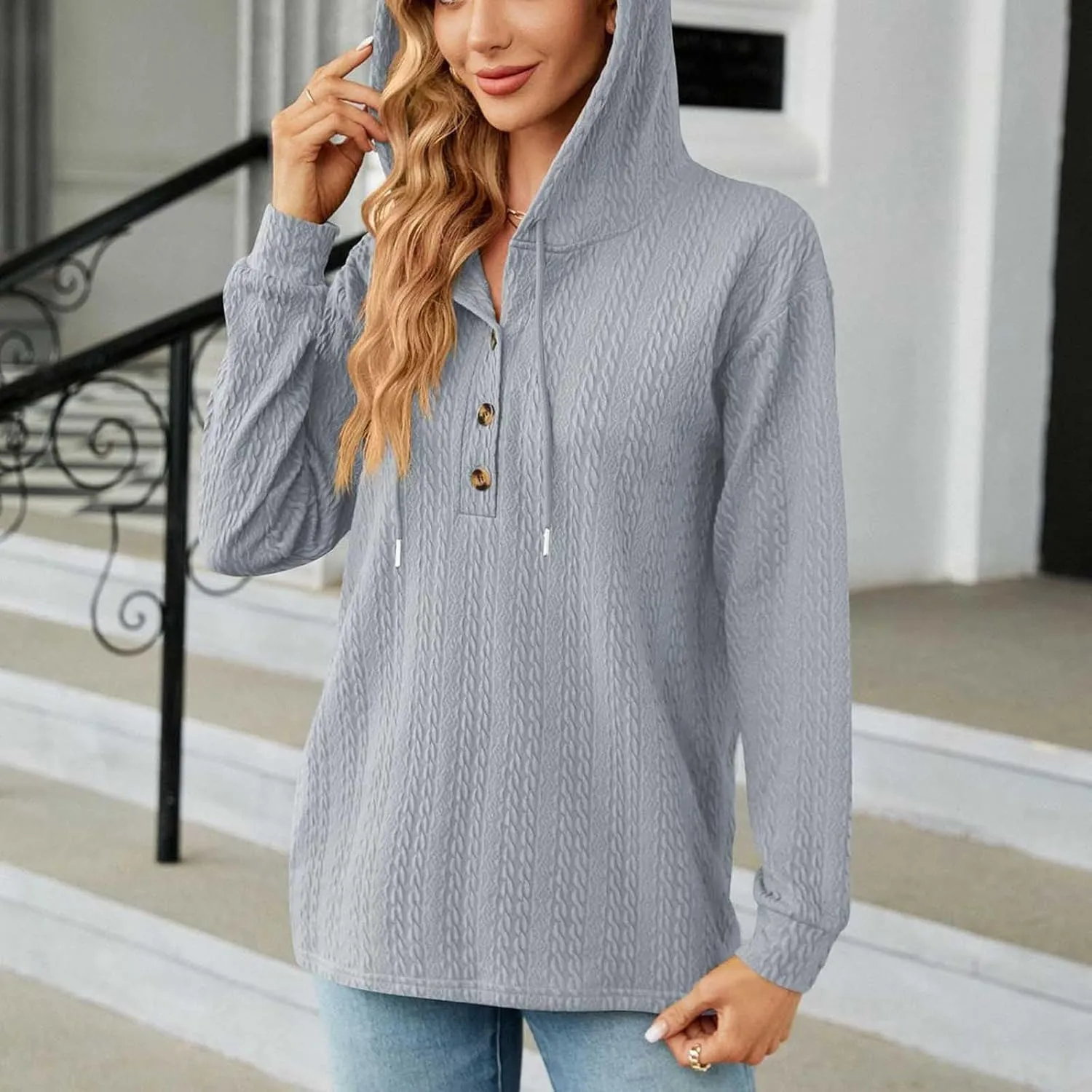 Sweater Hoodies for Women 2023 Long Sleeve Casual Button V Neck Hooded Tops Oversized Pullover Sweatshirt
