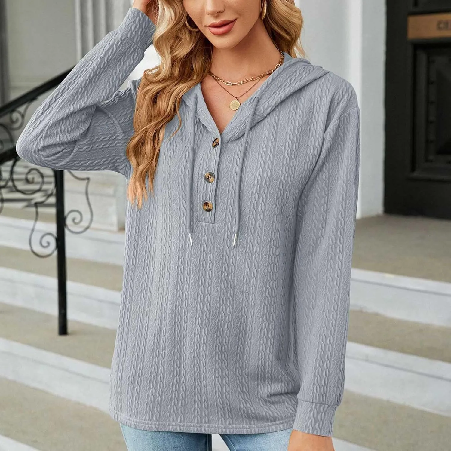 Sweater Hoodies for Women 2023 Long Sleeve Casual Button V Neck Hooded Tops Oversized Pullover Sweatshirt