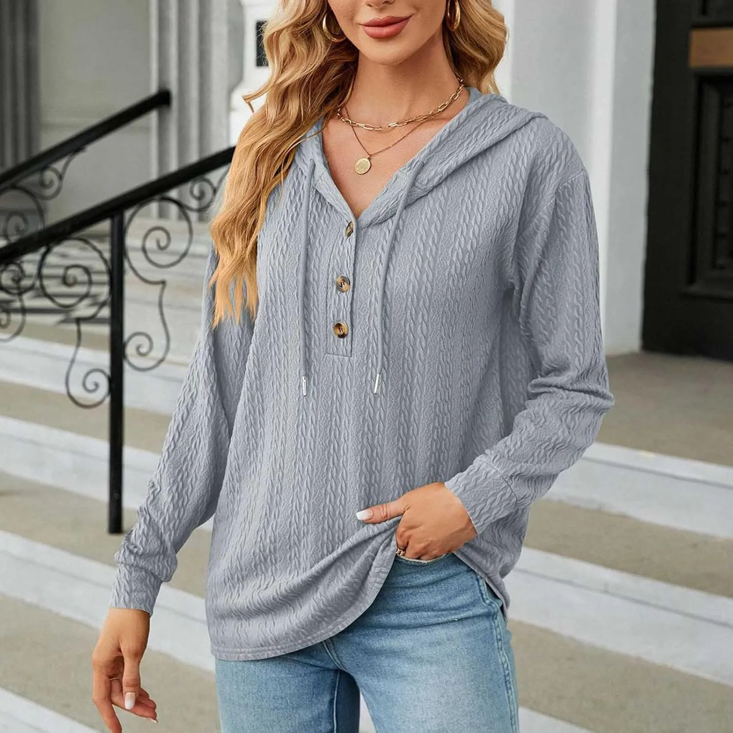 Sweater Hoodies for Women 2023 Long Sleeve Casual Button V Neck Hooded Tops Oversized Pullover Sweatshirt
