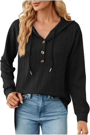 Sweater Hoodies for Women 2023 Long Sleeve Casual Button V Neck Hooded Tops Oversized Pullover Sweatshirt