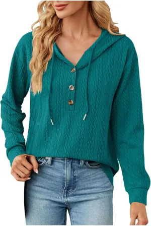 Sweater Hoodies for Women 2023 Long Sleeve Casual Button V Neck Hooded Tops Oversized Pullover Sweatshirt
