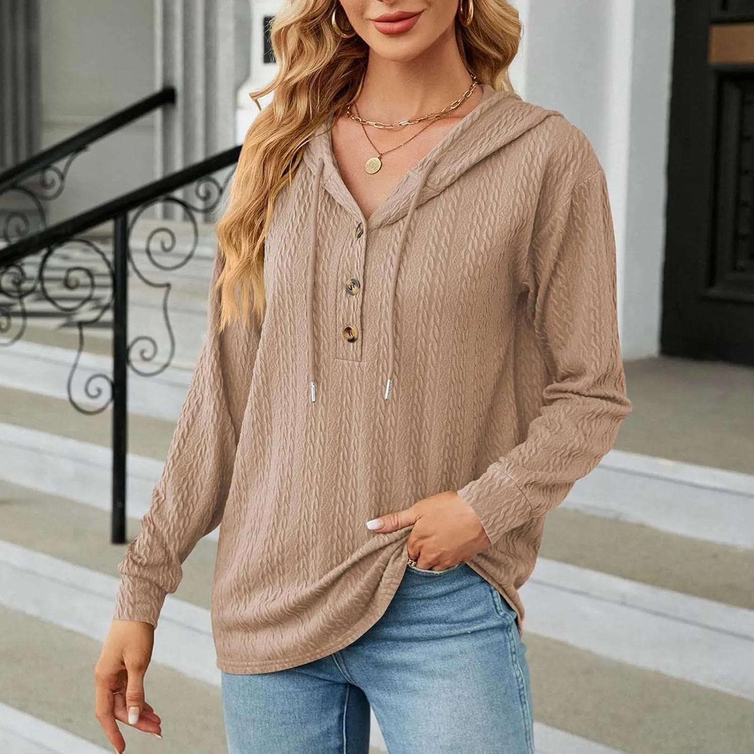 Sweater Hoodies for Women 2023 Long Sleeve Casual Button V Neck Hooded Tops Oversized Pullover Sweatshirt