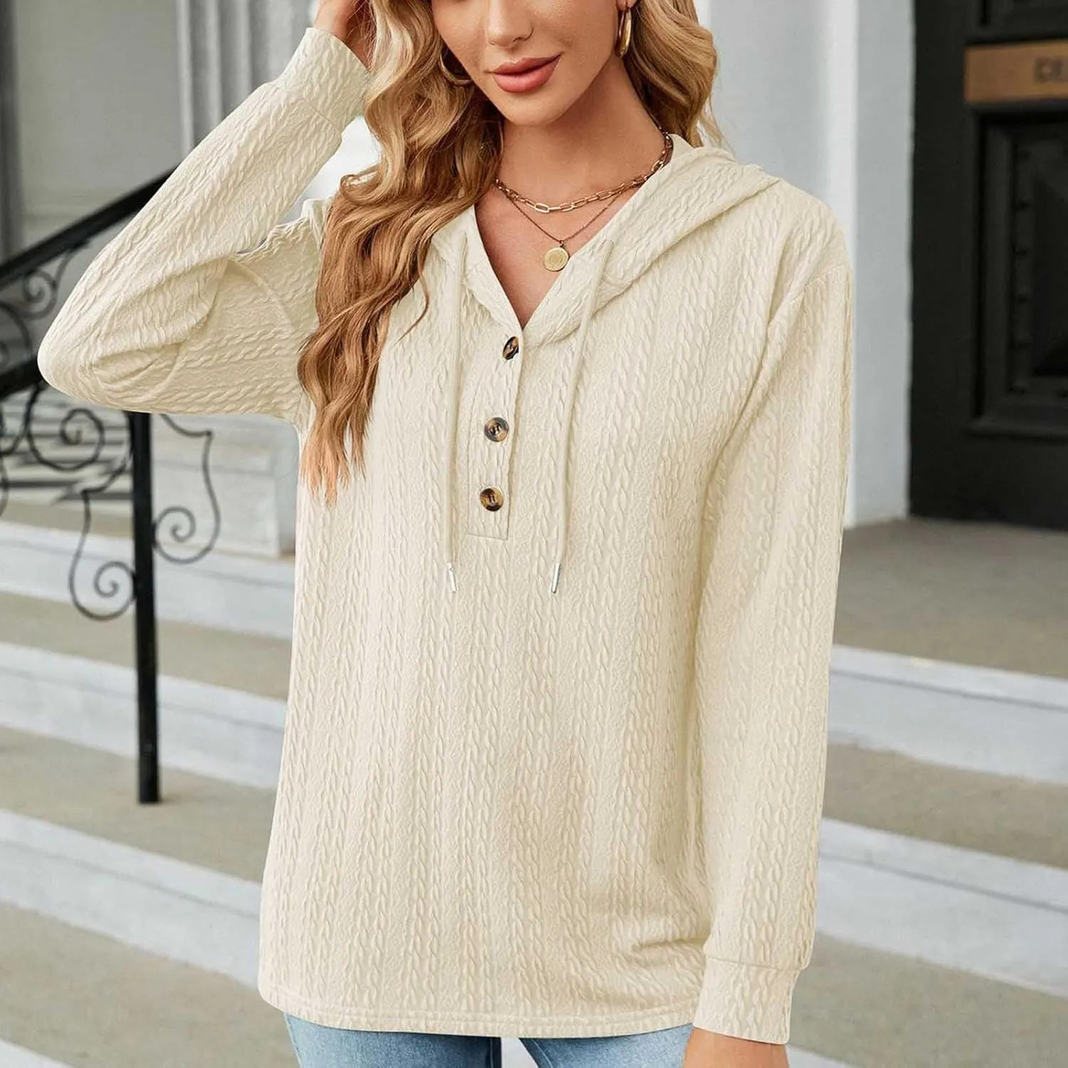 Sweater Hoodies for Women 2023 Long Sleeve Casual Button V Neck Hooded Tops Oversized Pullover Sweatshirt