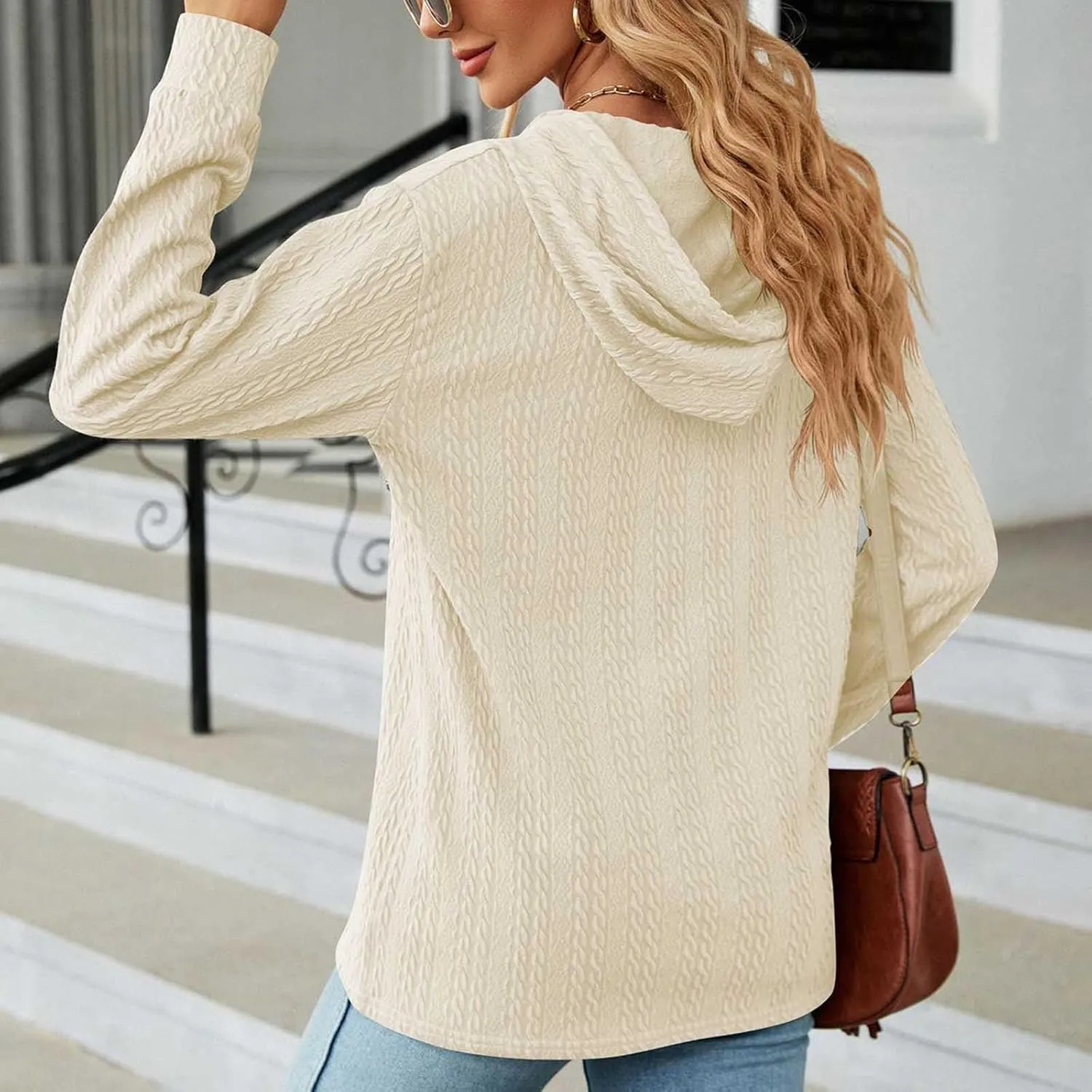 Sweater Hoodies for Women 2023 Long Sleeve Casual Button V Neck Hooded Tops Oversized Pullover Sweatshirt