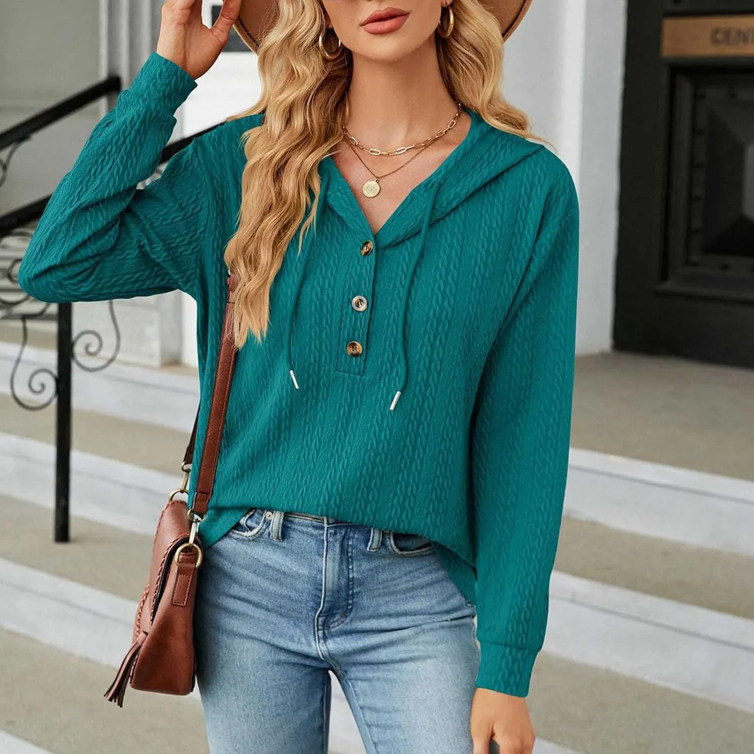 Sweater Hoodies for Women 2023 Long Sleeve Casual Button V Neck Hooded Tops Oversized Pullover Sweatshirt