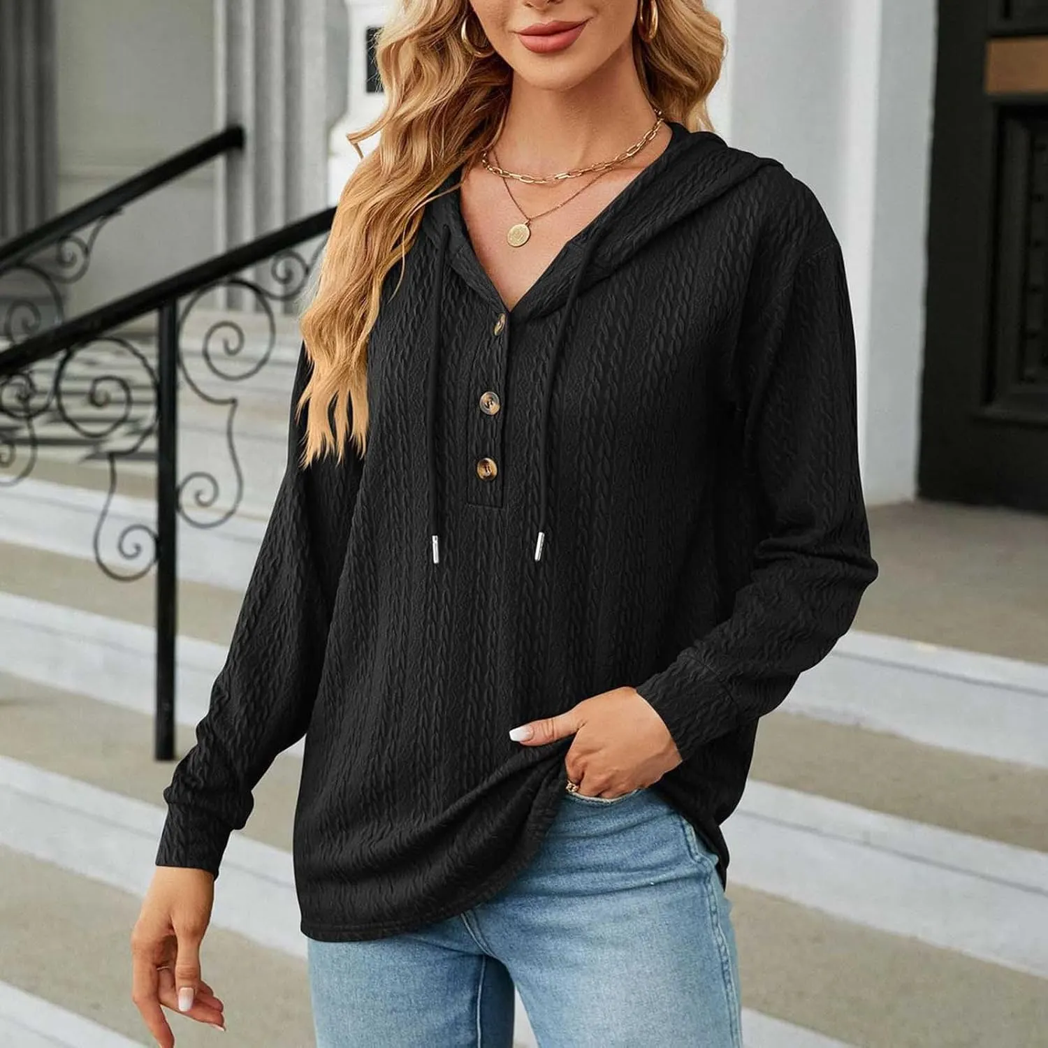 Sweater Hoodies for Women 2023 Long Sleeve Casual Button V Neck Hooded Tops Oversized Pullover Sweatshirt