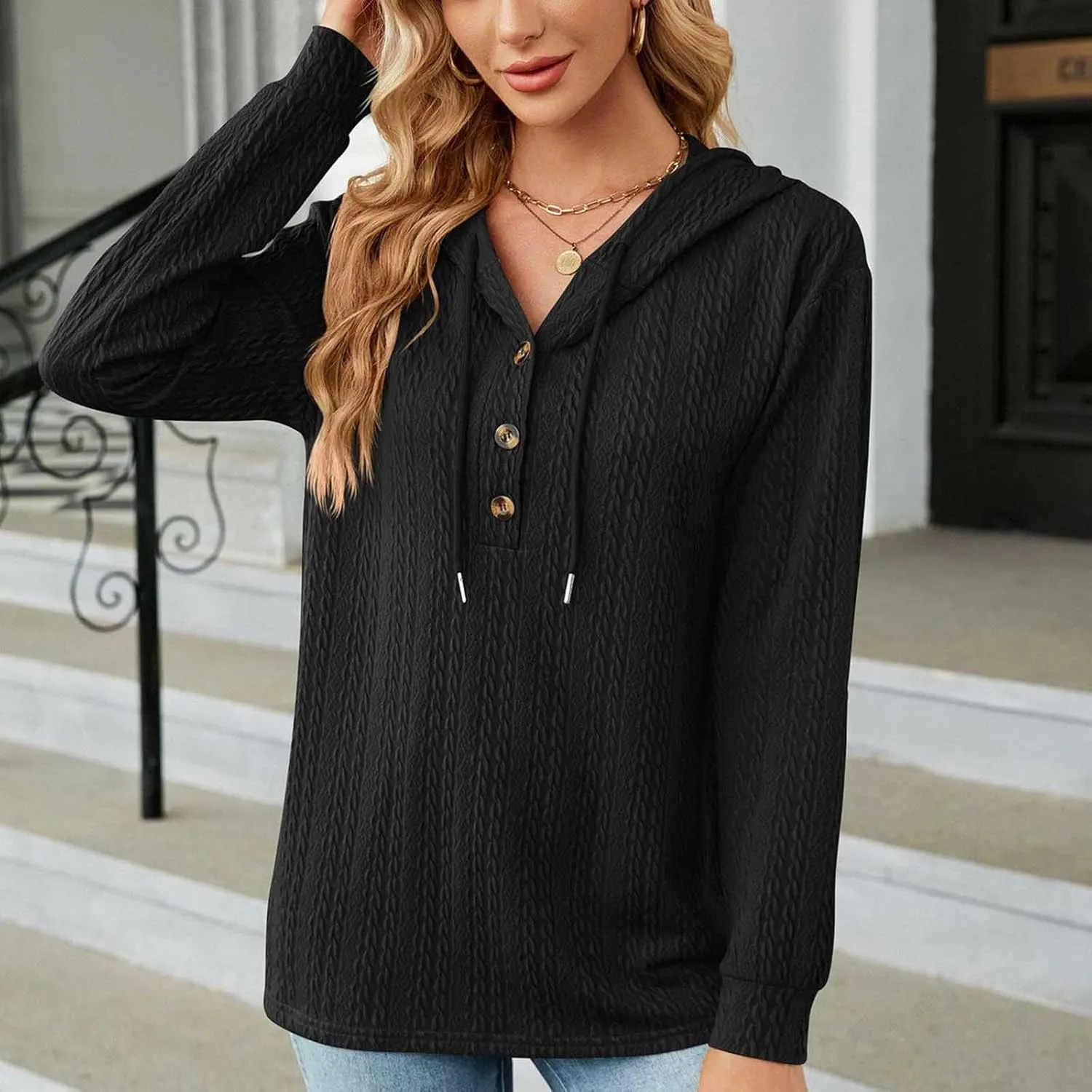 Sweater Hoodies for Women 2023 Long Sleeve Casual Button V Neck Hooded Tops Oversized Pullover Sweatshirt