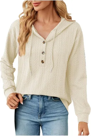 Sweater Hoodies for Women 2023 Long Sleeve Casual Button V Neck Hooded Tops Oversized Pullover Sweatshirt