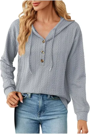 Sweater Hoodies for Women 2023 Long Sleeve Casual Button V Neck Hooded Tops Oversized Pullover Sweatshirt