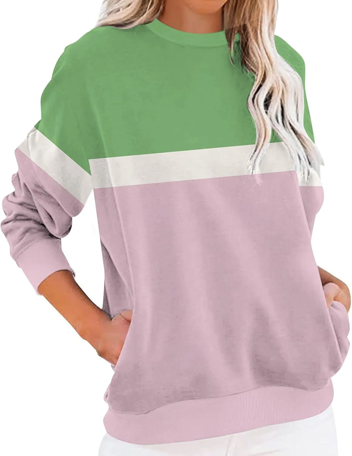 Sweatshirts For Women 2024 Fall Crewneck Striped Tunic Tops Casual Long Sleeve Shirts Trendy Pullover Outfits