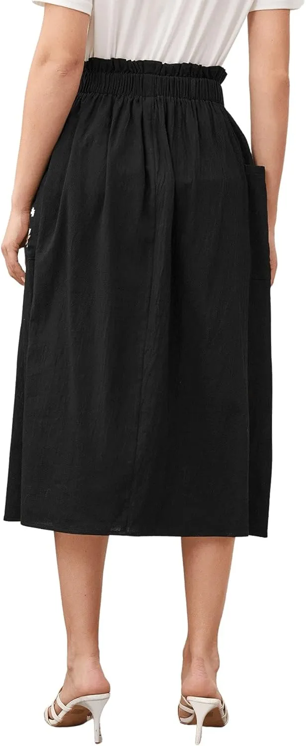 SweatyRocks Women's Casual Paper Bag Waist A Line Pleated Midi Skirt with Pockets