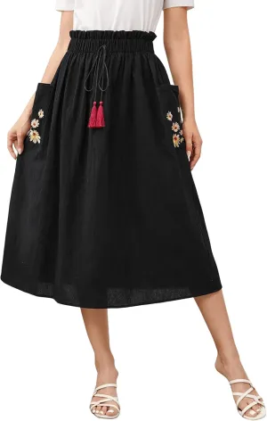 SweatyRocks Women's Casual Paper Bag Waist A Line Pleated Midi Skirt with Pockets