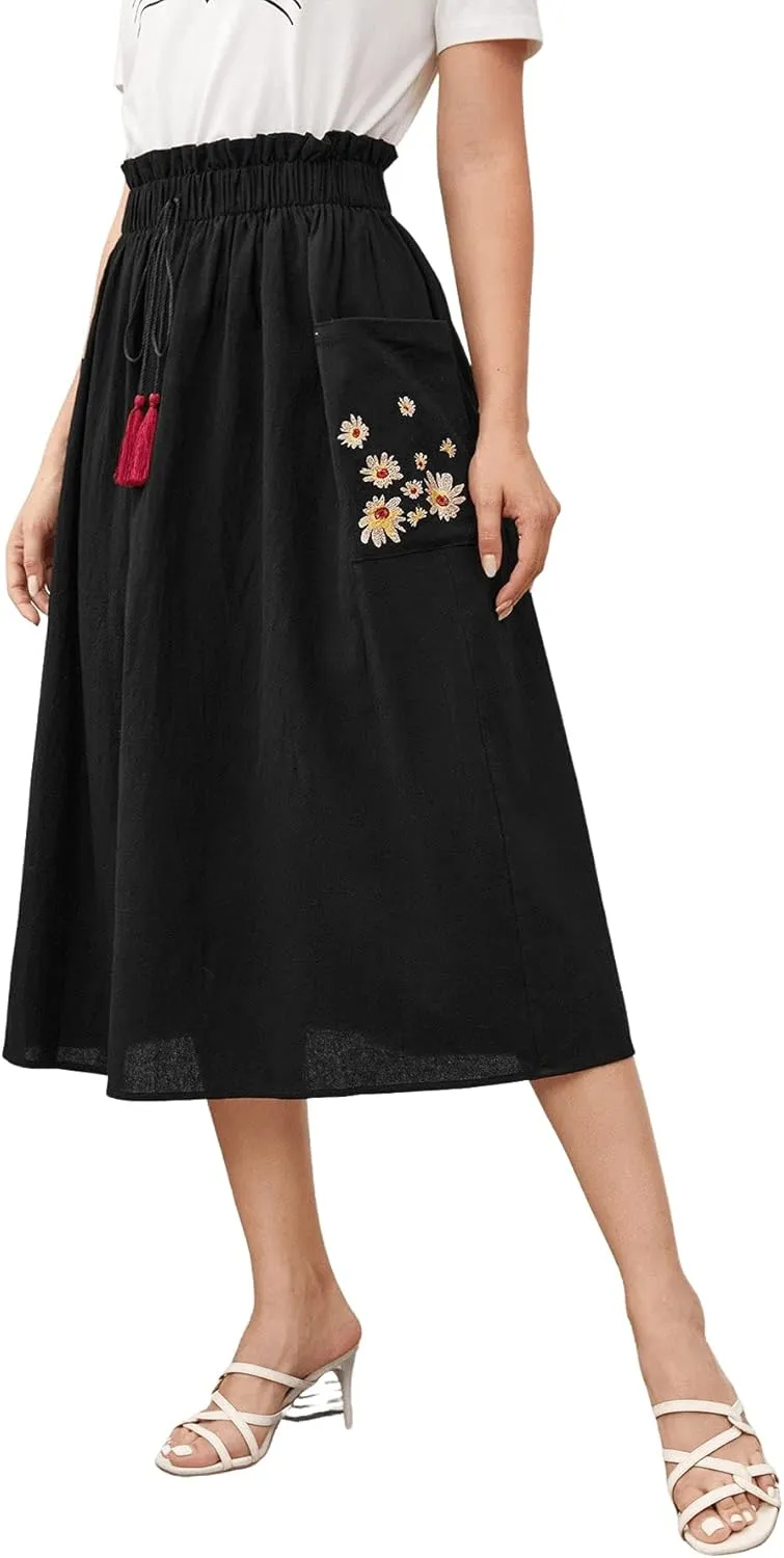 SweatyRocks Women's Casual Paper Bag Waist A Line Pleated Midi Skirt with Pockets