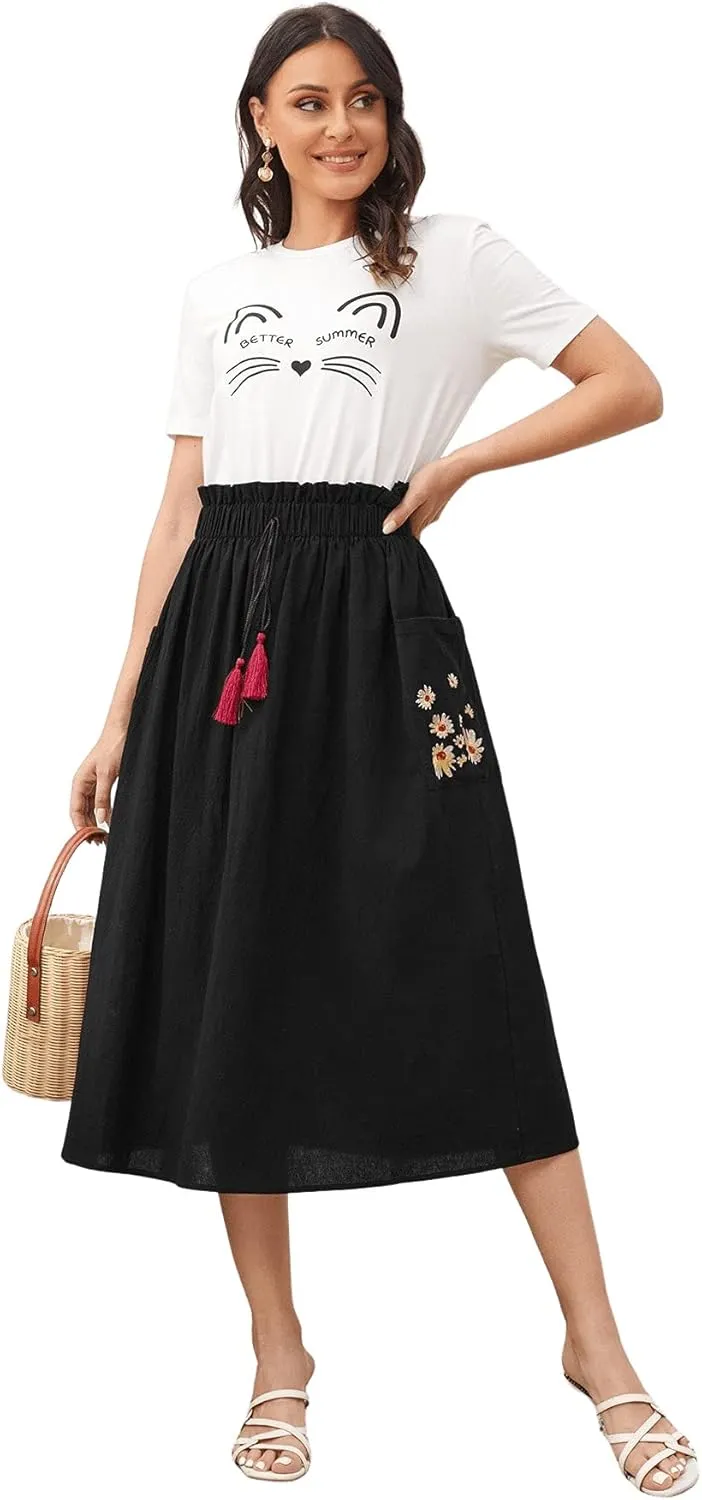 SweatyRocks Women's Casual Paper Bag Waist A Line Pleated Midi Skirt with Pockets