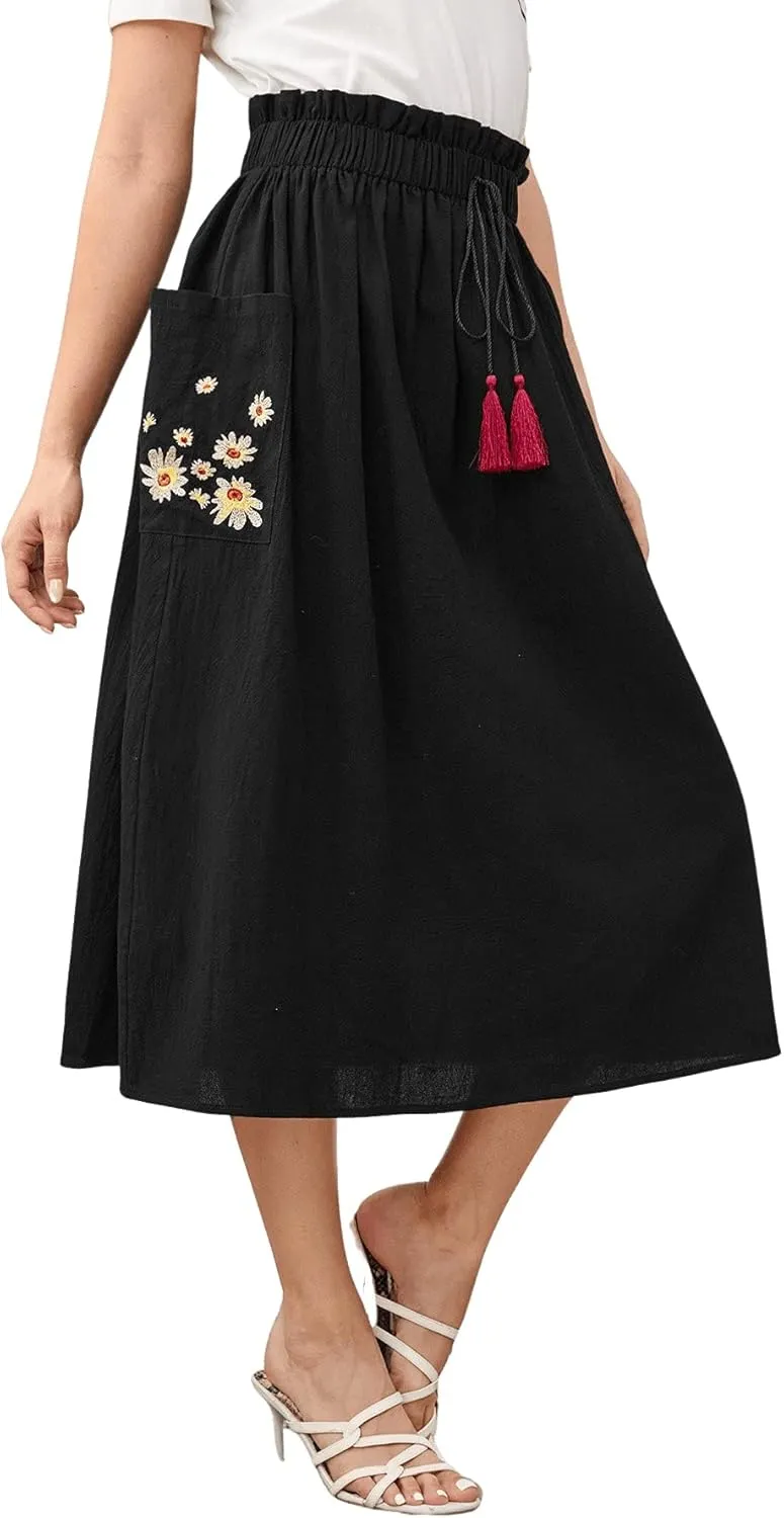 SweatyRocks Women's Casual Paper Bag Waist A Line Pleated Midi Skirt with Pockets
