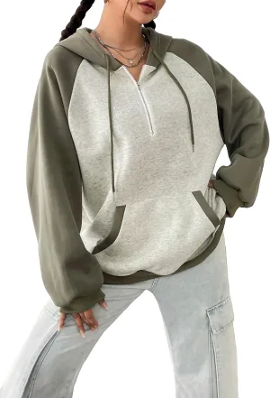 SweatyRocks Women's Color Block Long Raglan Sleeve Half Zip Hoodie Oversized Drawstring Sweatshirt with Pockets