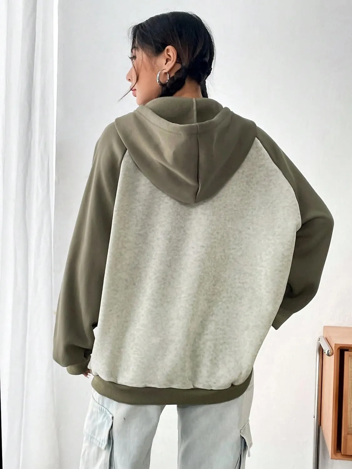 SweatyRocks Women's Color Block Long Raglan Sleeve Half Zip Hoodie Oversized Drawstring Sweatshirt with Pockets
