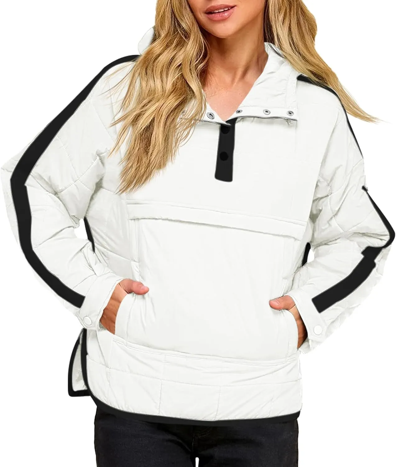Tankaneo Womens Oversized Puffer Pullover Jacket Quilted Color Block Puffy Hooded Coat Fall Hoodies Outerwear with Pockets
