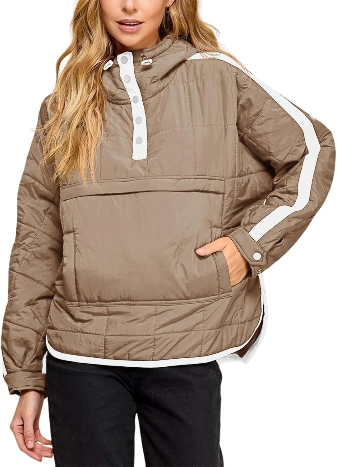 Tankaneo Womens Oversized Puffer Pullover Jacket Quilted Color Block Puffy Hooded Coat Fall Hoodies Outerwear with Pockets