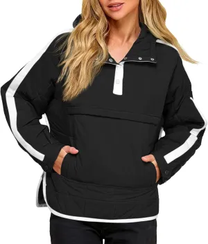 Tankaneo Womens Oversized Puffer Pullover Jacket Quilted Color Block Puffy Hooded Coat Fall Hoodies Outerwear with Pockets