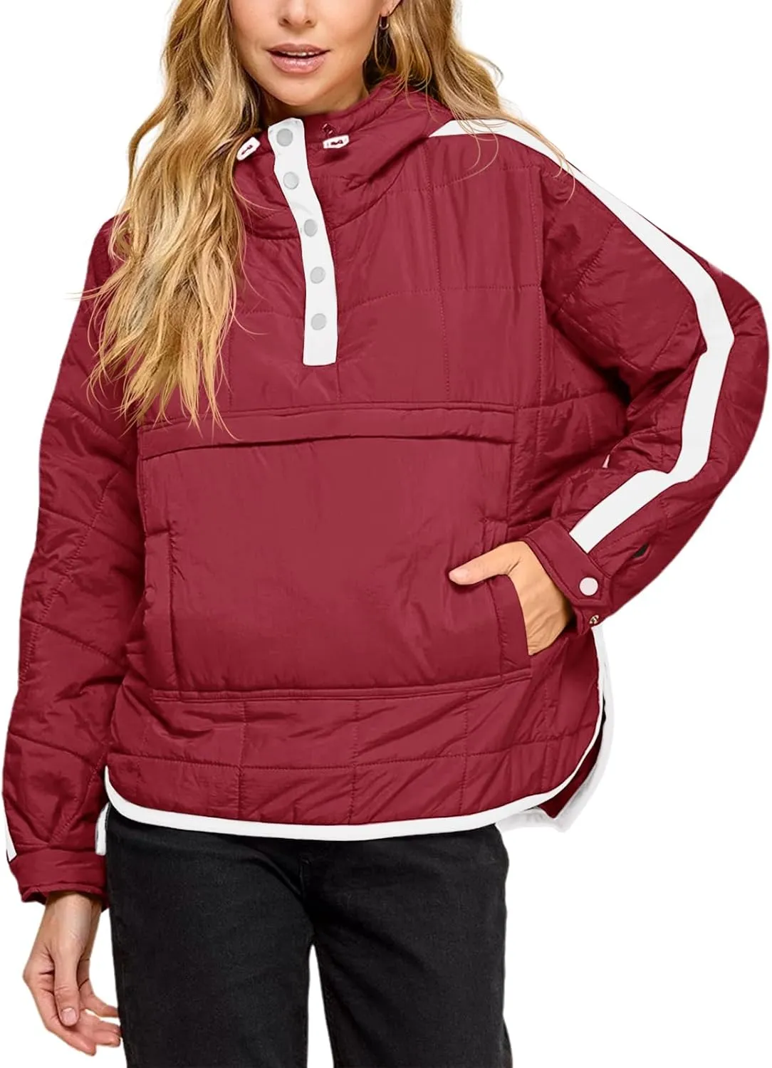 Tankaneo Womens Oversized Puffer Pullover Jacket Quilted Color Block Puffy Hooded Coat Fall Hoodies Outerwear with Pockets