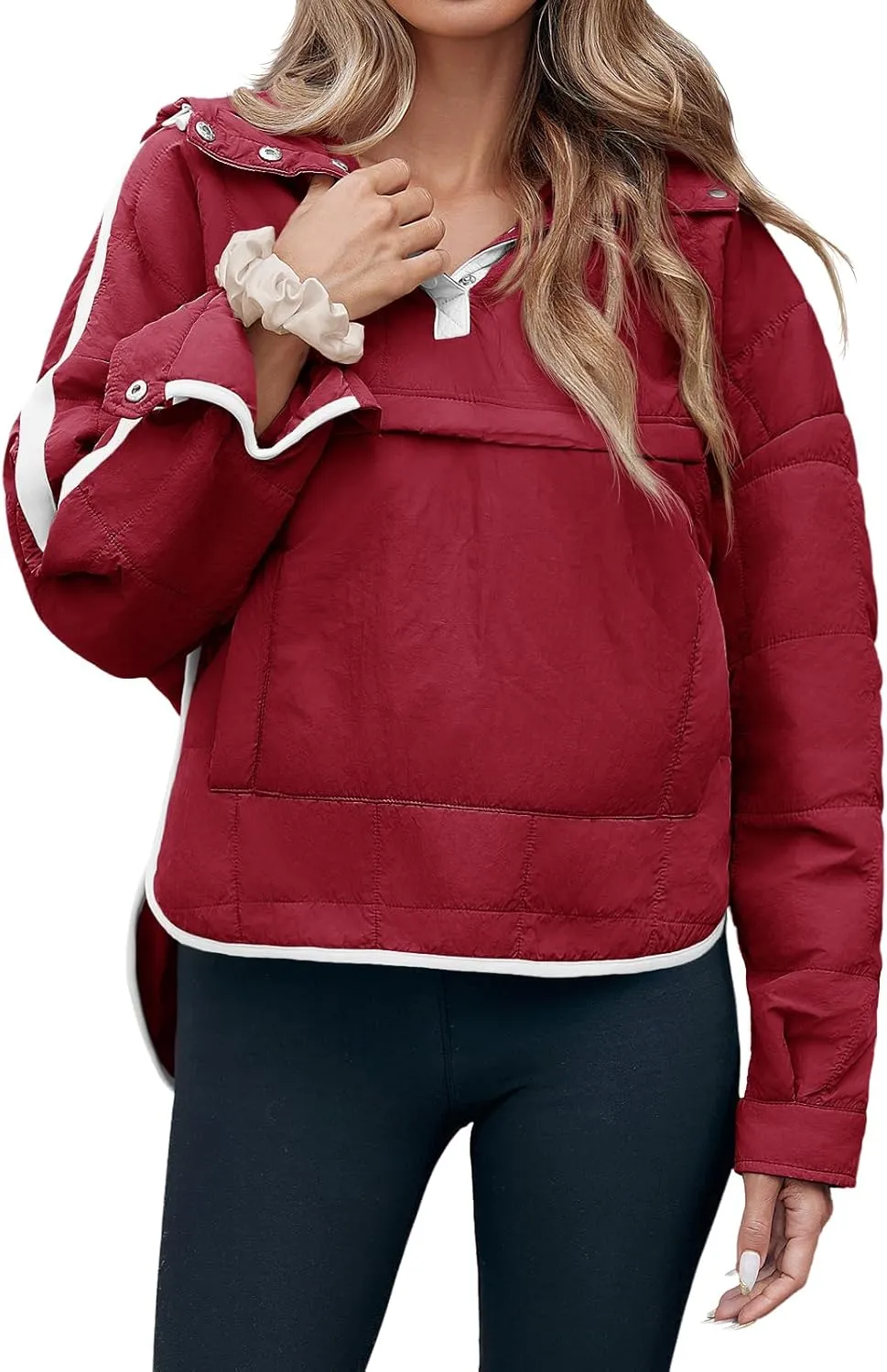 Tankaneo Womens Oversized Puffer Pullover Jacket Quilted Color Block Puffy Hooded Coat Fall Hoodies Outerwear with Pockets