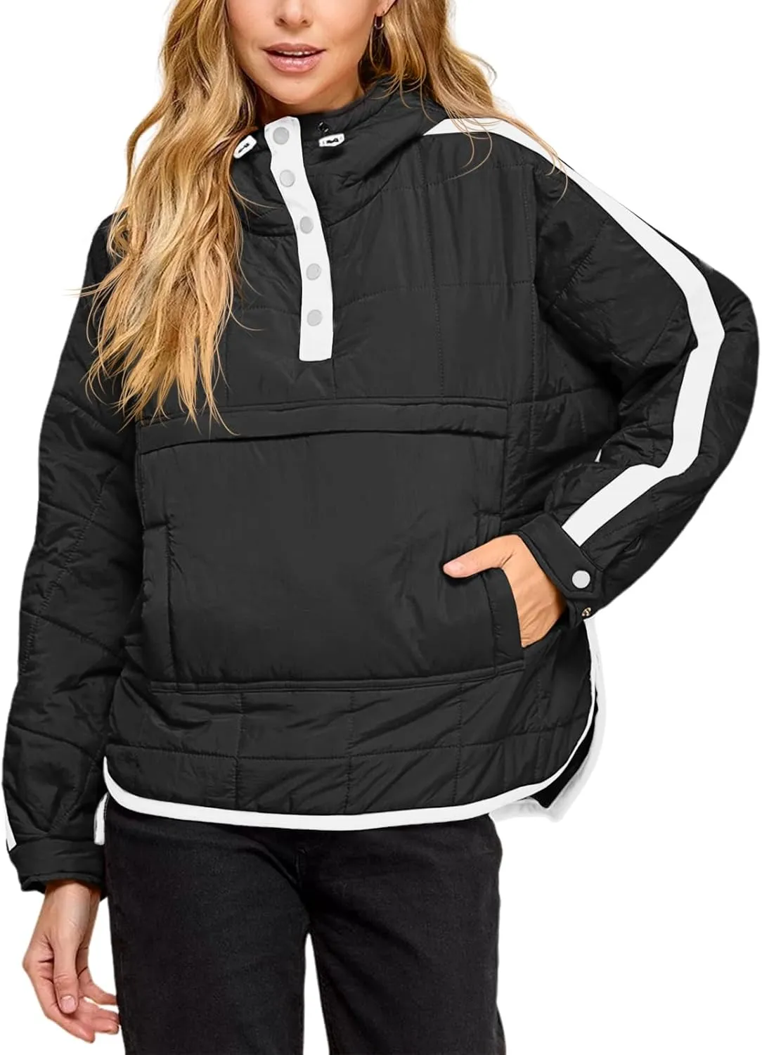Tankaneo Womens Oversized Puffer Pullover Jacket Quilted Color Block Puffy Hooded Coat Fall Hoodies Outerwear with Pockets