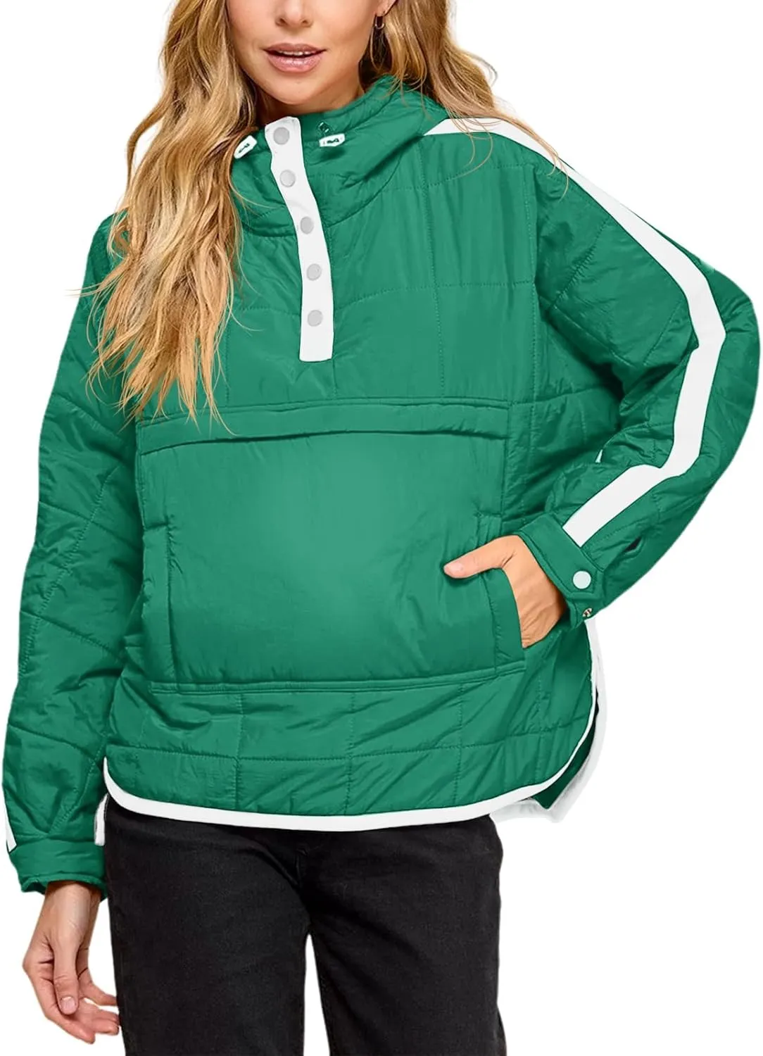 Tankaneo Womens Oversized Puffer Pullover Jacket Quilted Color Block Puffy Hooded Coat Fall Hoodies Outerwear with Pockets
