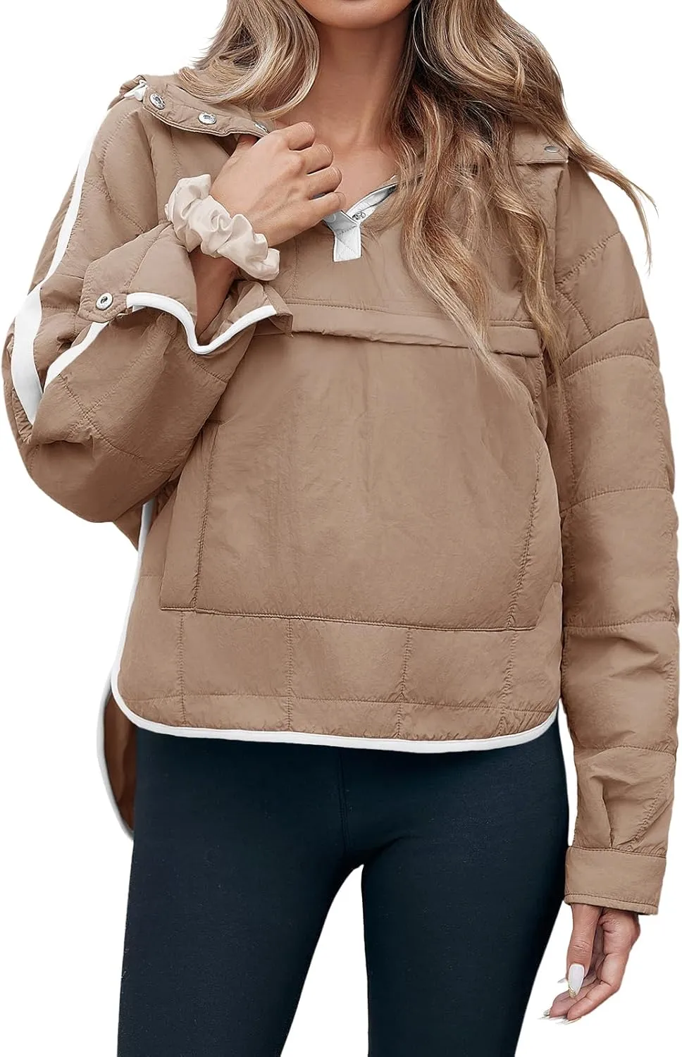 Tankaneo Womens Oversized Puffer Pullover Jacket Quilted Color Block Puffy Hooded Coat Fall Hoodies Outerwear with Pockets