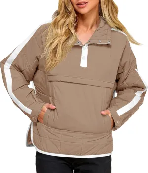 Tankaneo Womens Oversized Puffer Pullover Jacket Quilted Color Block Puffy Hooded Coat Fall Hoodies Outerwear with Pockets