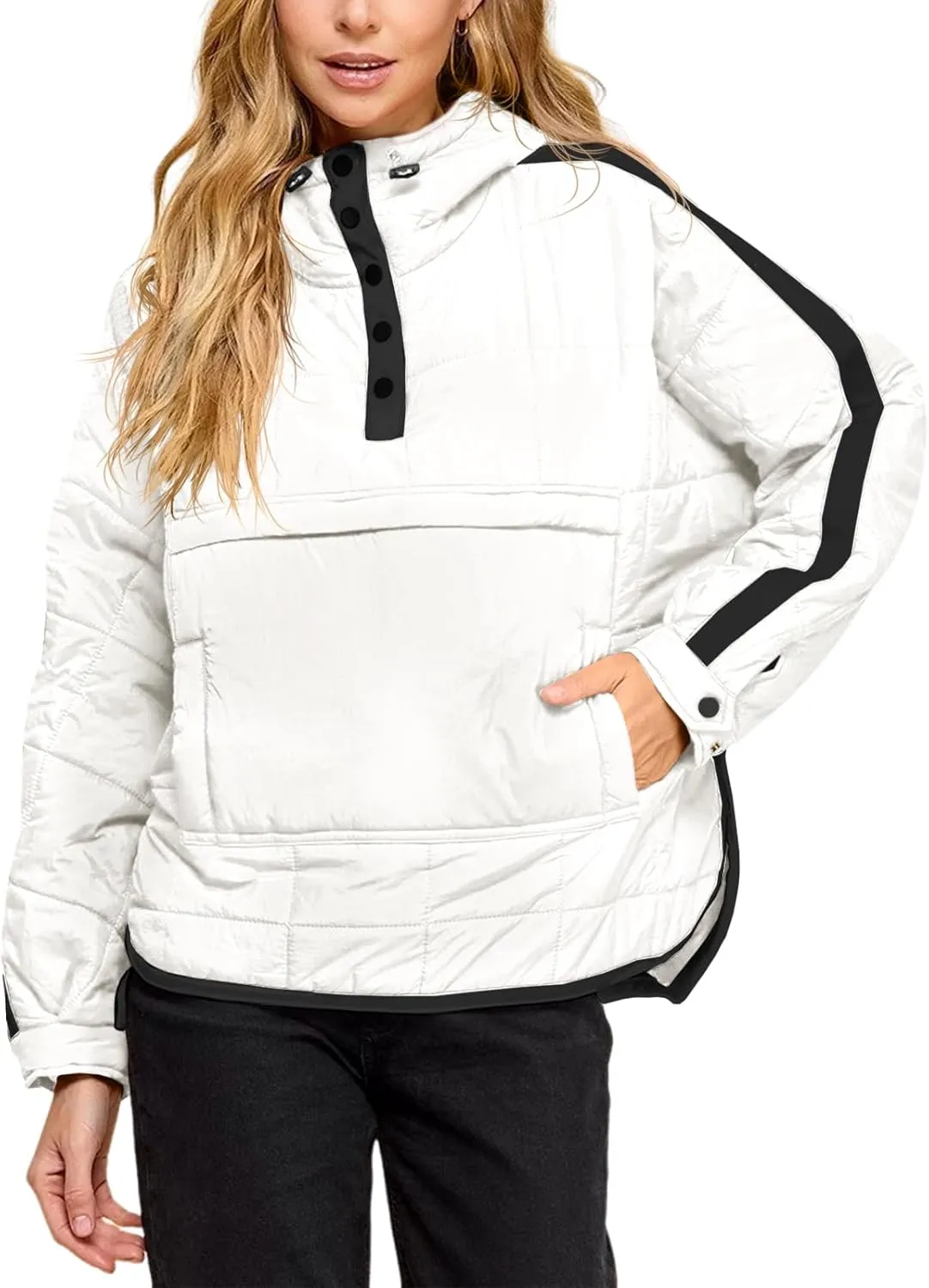 Tankaneo Womens Oversized Puffer Pullover Jacket Quilted Color Block Puffy Hooded Coat Fall Hoodies Outerwear with Pockets