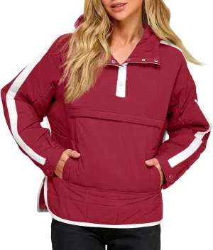 Tankaneo Womens Oversized Puffer Pullover Jacket Quilted Color Block Puffy Hooded Coat Fall Hoodies Outerwear with Pockets
