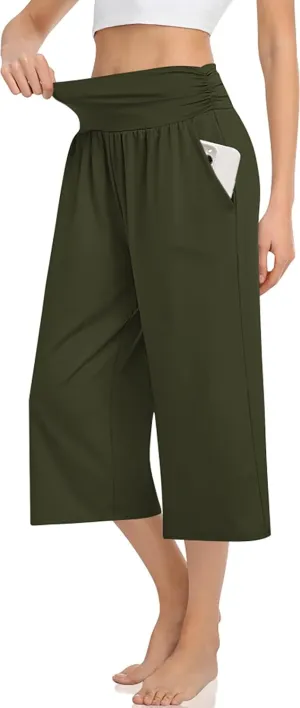 TARSE Womens Capris Lounge Yoga Pajama Cropped Pants Casual Wide Leg with Pockets Elastic Waist Workout Sweat Pants Summer
