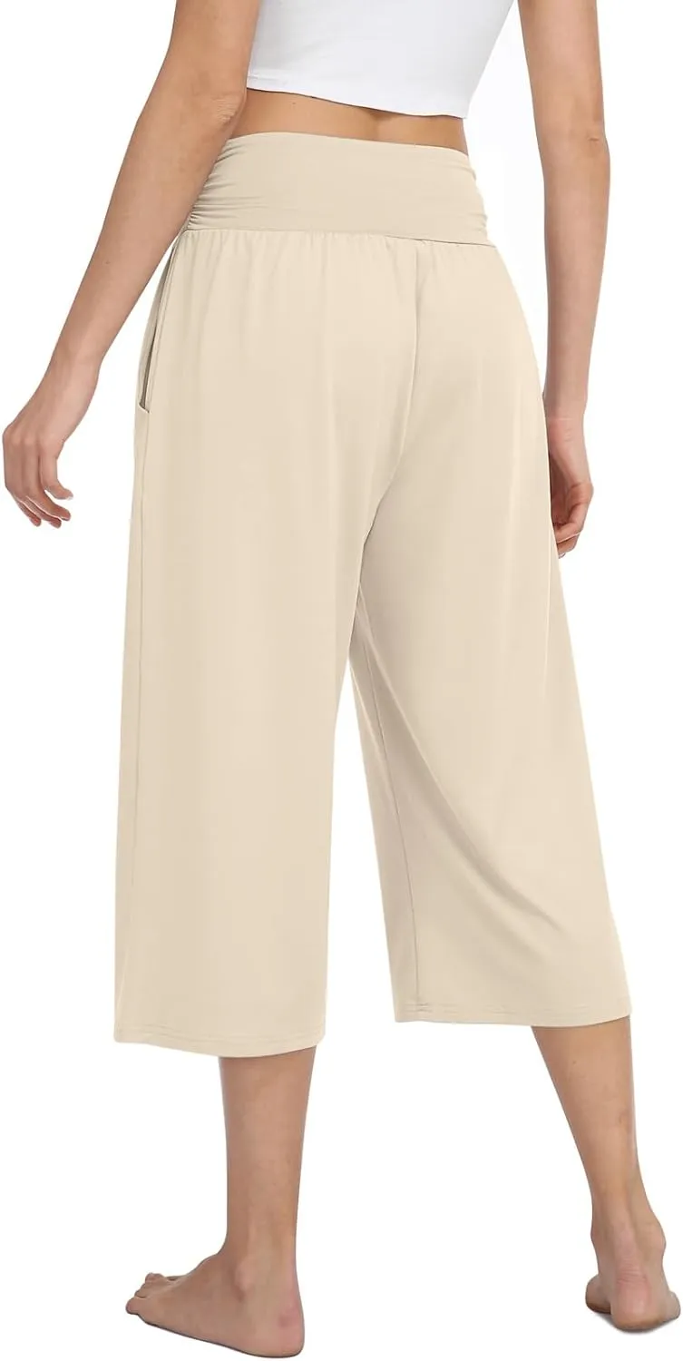 TARSE Womens Capris Lounge Yoga Pajama Cropped Pants Casual Wide Leg with Pockets Elastic Waist Workout Sweat Pants Summer