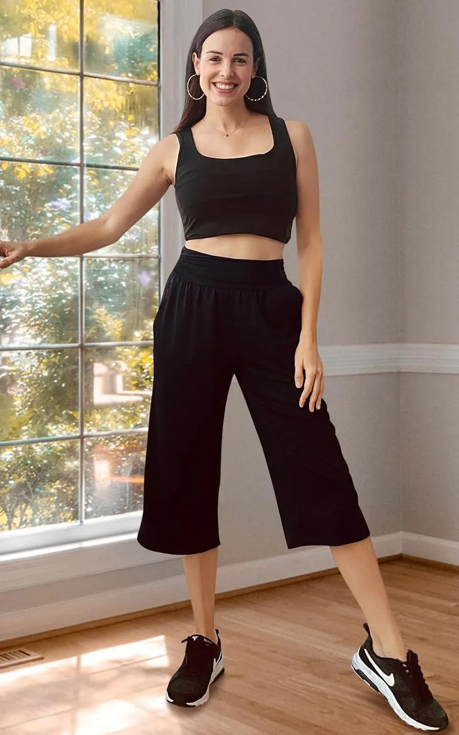 TARSE Womens Capris Lounge Yoga Pajama Cropped Pants Casual Wide Leg with Pockets Elastic Waist Workout Sweat Pants Summer