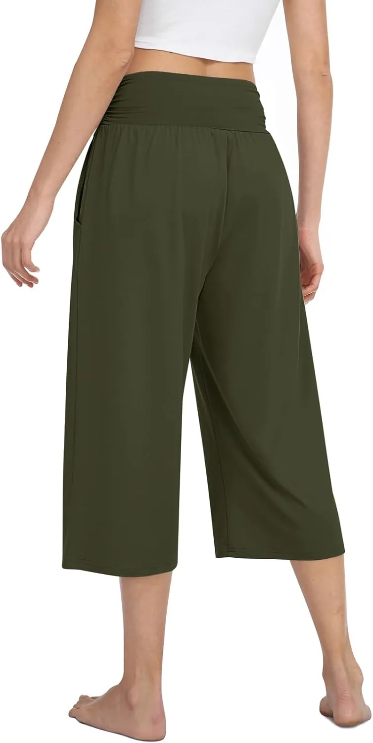 TARSE Womens Capris Lounge Yoga Pajama Cropped Pants Casual Wide Leg with Pockets Elastic Waist Workout Sweat Pants Summer