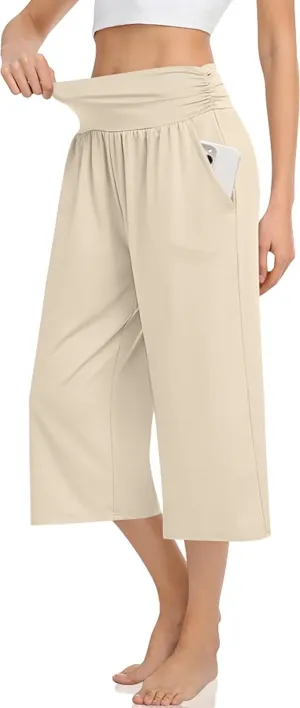 TARSE Womens Capris Lounge Yoga Pajama Cropped Pants Casual Wide Leg with Pockets Elastic Waist Workout Sweat Pants Summer
