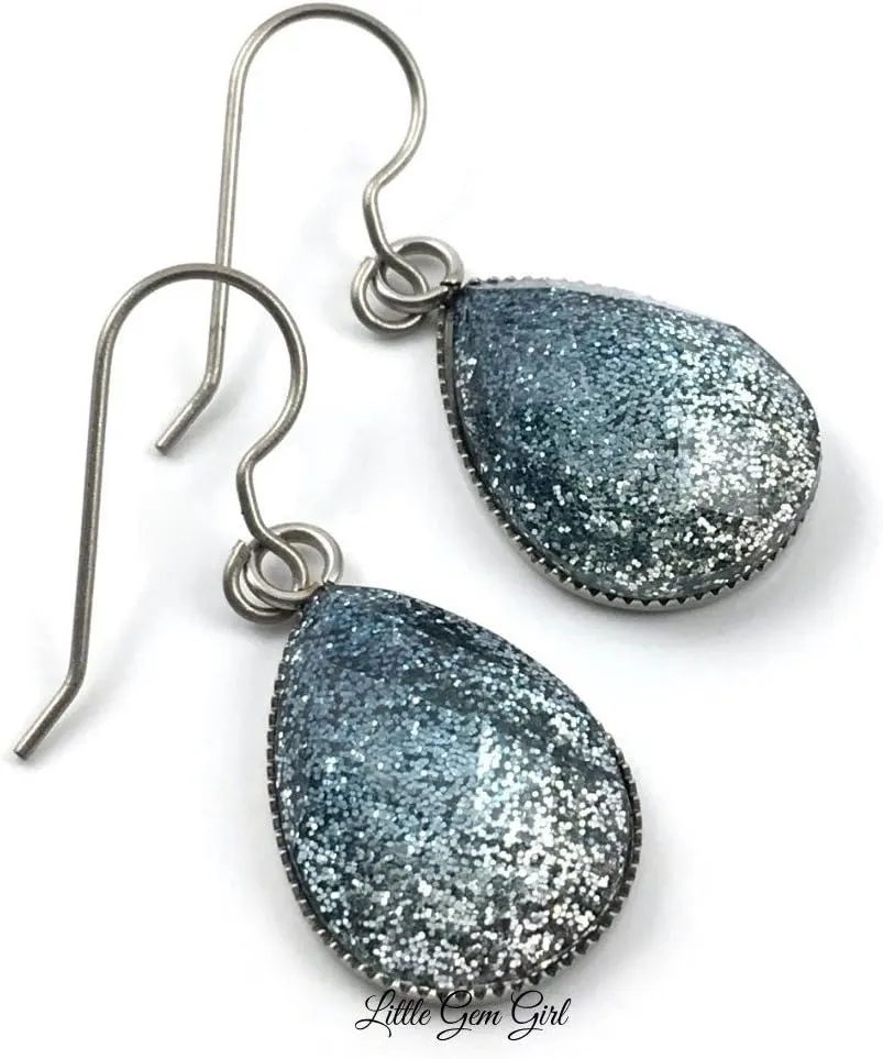 Teardrop Glitter Ombre Drop Dangle Earrings with Titanium Hooks and Stainless Steel Bezels for Sensitive Ears Nickel Free