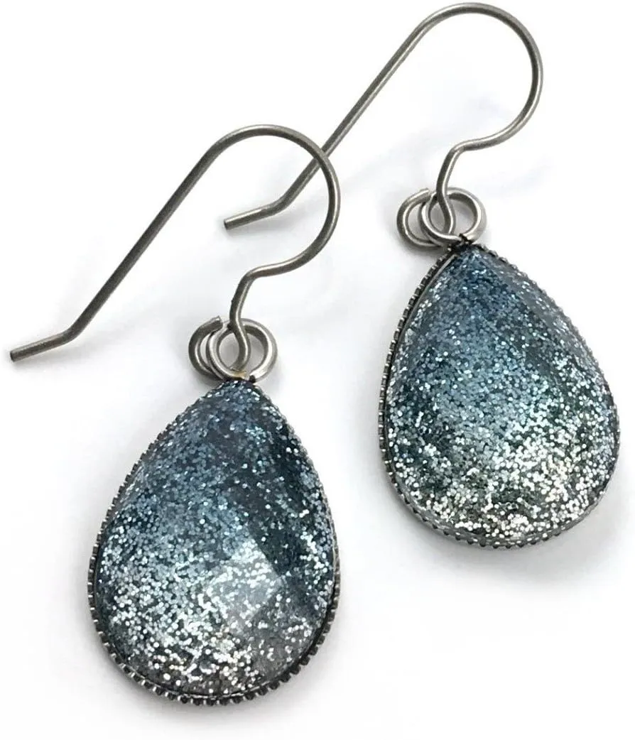 Teardrop Glitter Ombre Drop Dangle Earrings with Titanium Hooks and Stainless Steel Bezels for Sensitive Ears Nickel Free