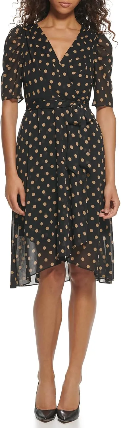Tommy Hilfiger Women's V Neck Faux Wrap Midi Dress