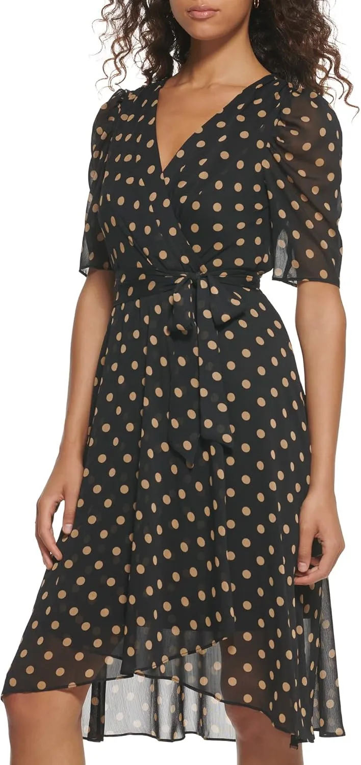Tommy Hilfiger Women's V Neck Faux Wrap Midi Dress