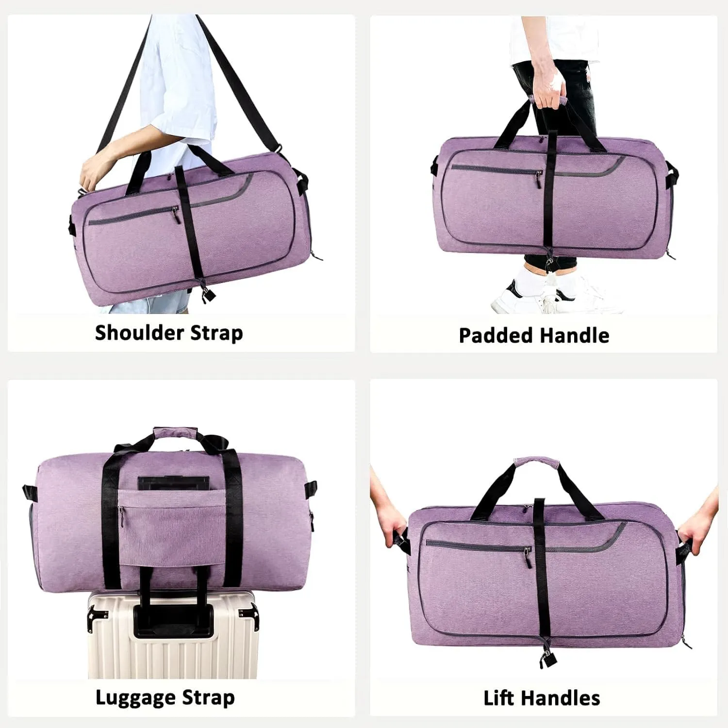 Travel Duffle Bag for Men, Large Foldable Duffel Bags for Traveling with Shoes & Wet Compartment Waterproof Weekender Gym Bag for Men Women(65LPurple)